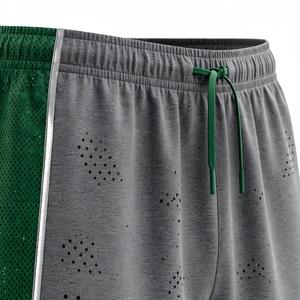 Shorts de sport décontractés pour homme en tissu peigné gris-vert avec logo personnalisé, taille élastique respirante, couleur unie et bande latérale - Product Image 6