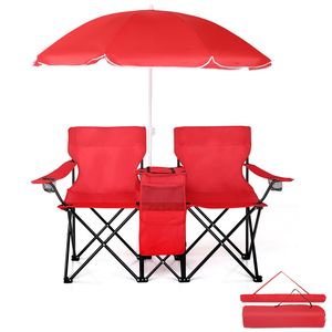 Sedia Pieghevole Portatile da Esterno a 2 Posti con Ombrellone Rosso Rimovibile in Materiale Oxford per Campeggio, Pesca o Uso in Spiaggia - Product Image 1