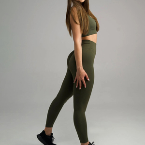 Conjunto de Yoga Verde Oliva de 2 Piezas, Top Corto y Leggings Largos, Sin Costuras, Cintura Alta, Sin Mangas, Color Sólido, Ropa Deportiva - Product Image 3