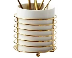 Latest Gold Metal Utensil Holder Cylindrical <b>Kitchen</b> <b>Storage</b> <b>Rack</b> Modern Design Durable Tableware Standing Type Single Tier - Product Image 2