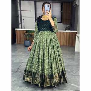 DISEÑADOR SEDA SUAVE KALAMKARI ESTAMPADO TRABAJO SOLO VESTIDO VERDE - Product Image 1