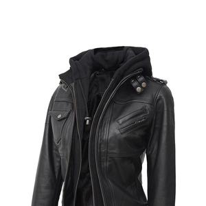 Veste de motard en cuir pour femmes, nouveau style de veste en cuir à capuche avec bombardier en peau de mouton noir - Product Image 4