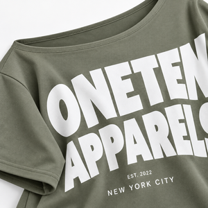 ONETEN APPARELS Women's Off Shoulder Crop <b>T</b>-<b>Shirt</b> <b>Olive</b> <b>Green</b> Letter Print Streetwear Loose Fit Three Quarter Sleeve - Product Image 6