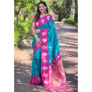 Sari en soie bleue douce avec des robes de cocktail élégantes contrastées tissées en zari - Product Image 3