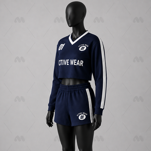 Ensemble de survêtement sportif deux pièces bleu marine pour femme, léger, en polyester/nylon, avec haut court à manches longues et col en V et short - Product Image 2