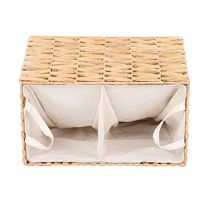 Double Water Hyacinth <b>Basket</b> With Lid, 2 Compartment Laundry Hamper Bin With Cotton Liner For Household From Vietnam - Product Image 3