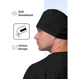 Black Polyester/Cotton Surgical <b>Cap</b> Knitted Unisex Hospital Uniform Accessory with Button Tie Back Needle Detection Drain Sports - Product Image 3