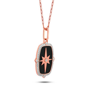 Collier pendentif bouclier diamant émail noir avec boussole étoile polaire - Product Image 2