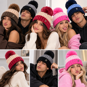 Wholesale Color <b>block</b> Pompom Beanie Unisex Chunky Knit Winter Hat Custom Metal Badge Ribbed Cuff Fashion Warm Cap B2B Supplier - Product Image 5