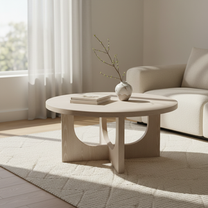 Table basse ronde moderne en bois d'hévéa durable et placage de chêne MDF KD avec design décoratif, garantie 1 an - Product Image 2