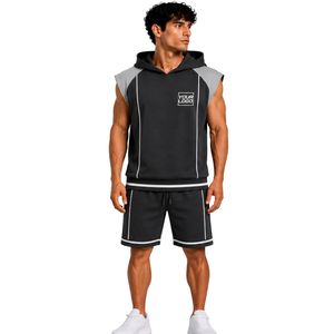 Conjunto Deportivo para Hombre, Negro y Gris Claro, Sin Mangas, con Capucha, Logotipo Personalizado, para Gimnasio, Fitness, Entrenamiento, Sudadera con Capucha y Pantalones Cortos, Ropa Deportiva - Product Image 1