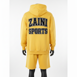 Ensemble sweat à capuche et short pour homme en molleton épais mélangé coton, jaune moutarde, avec logo personnalisé - Product Image 2