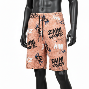 กางเกงขาสั้นผ้าฝ้ายฟลีซพรีเมียม 280 GSM ล้างสีแบบแอซิดวอช สีพีชรัสต์ พิมพ์ลายกราฟฟิตีทั้งตัว พร้อมโลโก้สกรีนแบบกำหนดเอง - Product Image 4