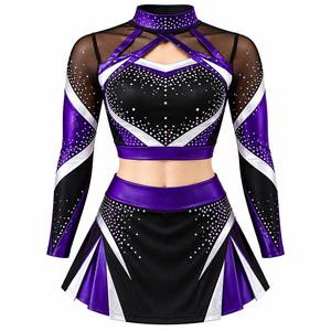 WARPRO Cheerleading Uniform Set Purple <b>Black</b> White Rhinestone <b>Long</b> <b>Sleeve</b> <b>Crop</b> <b>Top</b> Skirt Spandex/Polyester Sublimation Transfer - Product Image 1