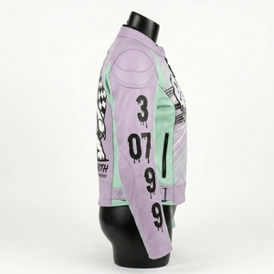 Women Pastel Goth Drift Racing Leather Jacket <b>Purple</b> Mint Green Crying Face Evil Bear Biker Outerwear - Product Image 3