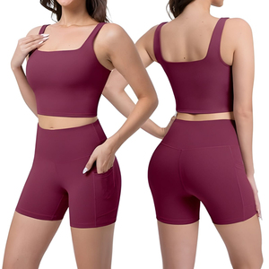 Burgundy High Waisted Yoga <b>Leggings</b> Set Seamless Full Length 2PCS Solid Color Spandex Polyester Women Workout Pants - Product Image 4
