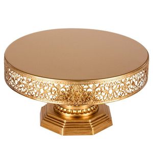 ฐานวางเค้กโลหะสีทองทรงกลม พร้อมลวดลายฉลุประณีตและฐานทรงแปดเหลี่ยม - Product Image 1