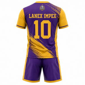 Ensemble de maillots de football personnalisés par sublimation pour hommes, maillot d'équipe, short, col en V, tissu en maille, poches latérales, violet doré, vêtements de sport à séchage rapide - Product Image 2