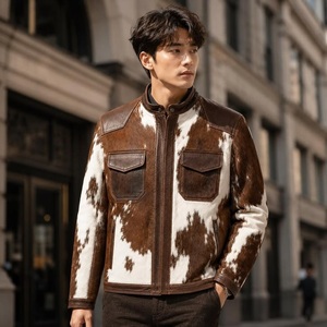 <b>Men's</b> Genuine <b>Leather</b> Cowhide Hair On <b>Jacket</b> Turn-down Collar Zipper Closure Casual Autumn Windproof Style - Product Image 3