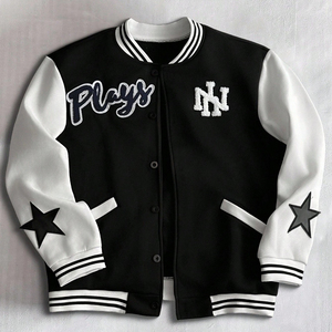 Custom Embroidery Varsity Jacket Black White Patchwork Star Design Men Letterman Jacket High Quality Cotton Fleece Bomber Coat - Product Image 1