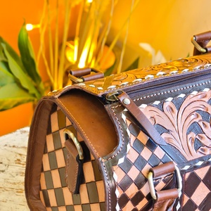 Brown Black Color Checkered Diamond Pattern Hand Tooling Florals Carved 100% Genuine Leather Material High Quality Waterproof - Product Image 2