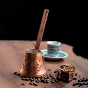 หม้อกาแฟทองแดงทำมือแบบตุรกี Cezve Ibrik รูปทรงกลมพร้อมด้ามจับโลหะ ดีไซน์ดั้งเดิมสำหรับการชงกาแฟ - Product Image 1