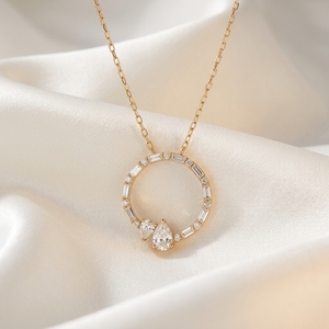 Handcrafted 14K 18K Yellow Gold Diamond Jewellery Circle Pendant Necklace Featuring Pear Cut and Baguette Cut Lab Grown Diamonds - Product Image 3
