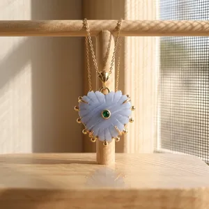 Custom Jewelry Heart Carved Shape Blue Lace Agate <b>with</b> Emerald cz 18k Gold Plated Brass Trendy Unique Jewelry Gift For Birthday - Product Image 4