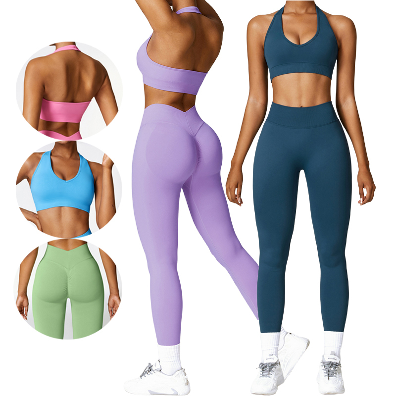 Women 2 Piece Yoga Set High Waist Leggings V-neck Sports Bra Racerback Seamless Full Length Print Breathable Spandex/Nylon