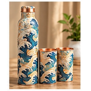 Aesthetic <b>Copper</b> <b>Water</b> <b>Bottle</b> with Matching Cups Oriental Bamboo Design Portable Drinkware Set for Home Use - Product Image 2