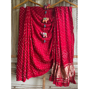 <b>Red</b> Bandhani <b>Saree</b> Embossed Handmade Bandhani Indian Traditional <b>Saree</b> for Wedding Party Diwali - Product Image 1