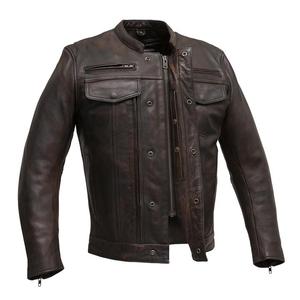 Blouson de moto en cuir véritable pour homme Advanced Air Vents, style cruiser classique, effet délavé bicolore, fermeture éclair, rabat coupe-vent - Product Image 1