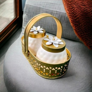 Modern Luxury White Golden Rectangle Two Painted Flower Design Dry Fruit Boxes Iron Metal Baskets Weddings Diwali Festive - Product Image 3