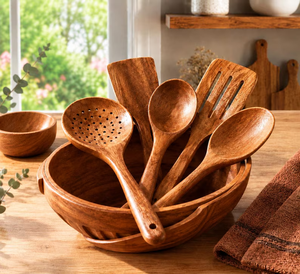 Juego de 9 utensilios de madera de teca con soporte, cucharas de madera artesanales antiadherentes - Product Image 2
