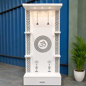 Modern Tabletop Wooden <b>Mandir</b> with LED Lights and Storage Drawer Luxury White Rectangle Pooja Temple Unit for Living Room - Product Image 1