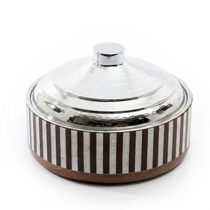 Casserole de luxe en acier inoxydable avec base en bois de manguier et incrustation de nacre, plat de service décoratif avec couvercle - Product Image 3