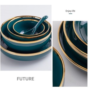 Meal <b>Set</b> 4/6-Person Luxurious Modern Titanium Gold Rimmed Green Smooth Glossy Porcelain <b>Dinnerware</b> <b>Sets</b> Durable BPA Free - Product Image 6