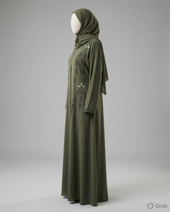 อาบายะผ้าชีฟองวิสโคสสีเขียวมะกอกพร้อมลายปักลายเถาวัลย์ - Product Image 3