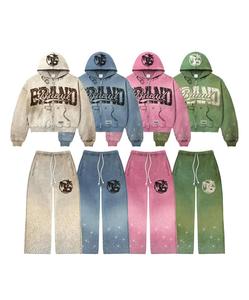 Conjunto de Pantalones y Sudadera con Capucha de Algodón Grueso, Estampado y con Efecto Desgastado, Fabricación Personalizada, Talla Grande, 2 Piezas - Product Image 1