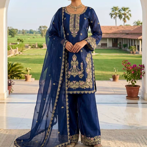 New Designer Women's Reversible Party Wear Farshi Salwar Suit with Silk <b>Material</b> and Embroidery Sequence Work - Product Image 1