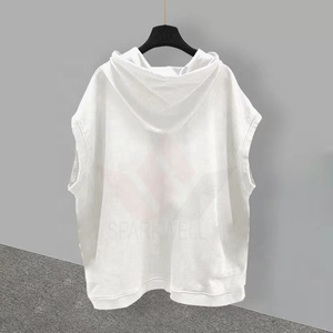 ชุดเสื้อฮู้ดแขนกุดผู้ชาย สีขาวล้วน ทรงโอเวอร์ไซส์ สไตล์ลำลอง ผ้าฝ้ายเฟรนช์เทอร์รี่ กางเกงขาสั้น ระบายอากาศได้ดี ใส่สบาย - Product Image 5