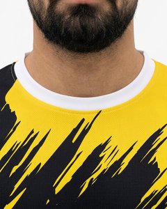 ชุดเสื้อฟุตบอลสีเหลืองดำแบบยูนิเซ็กซ์ แขนสั้น คอกลม พิมพ์ลายตามสั่ง ชื่อทีมได้ แห้งเร็ว ผ้าตาข่าย มีเชือกผูกเอว ทรงสปอร์ต - Product Image 3