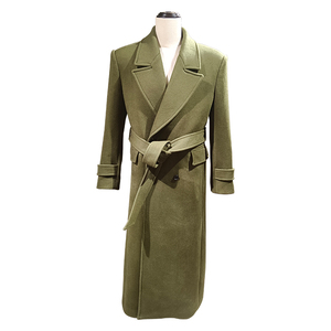 Abrigo largo de mezcla de lana verde oliva para mujer, con doble botonadura, solapa con muescas y cinturón. - Product Image 4
