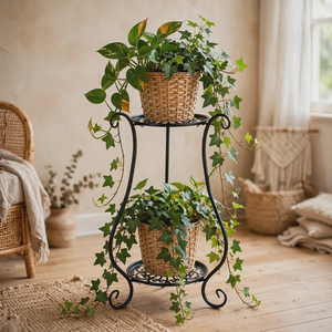 Support à plantes en métal noir à 2 niveaux, porte-pot de fleurs, étagère, intérieur, extérieur, jardin, balcon, patio, décoration de la maison, présentoir - Product Image 5