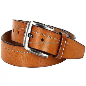 Ceinture décontractée en cuir de vache Tan Top Grain pour homme avec coutures blanches et boucle en laiton finition argent classique tailles personnalisées disponibles - Product Image 3
