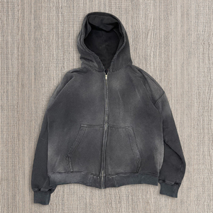 Vêtements pour hommes en molleton sans cordon, style streetwear formel d'hiver, vintage, double couche, délavé à l'acide, effet usé, avec fermeture éclair personnalisée - Product Image 2