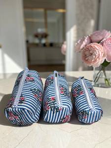 Luxury Mint Botanical Embroidered 3-Piece Makeup Pouch Set Quilted Cotton Zipper Closure Cosmetic <b>Bags</b> Women Travel <b>Vanity</b> - Product Image 2
