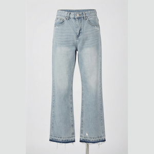 Jean en denim évasé taille haute pour homme, délavage clair, coton, style décontracté printemps, ourlet déchiré, coupe droite, effet stonewashed - Product Image 5