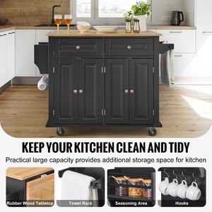 43\" Wood Top Kitchen <b>Island</b> Cart with Adjustable Storage Cabinet Rolling <b>Table</b> Drop Leaf Spice Rack Towel Bar - Product Image 2