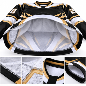 Maillot de hockey sur glace personnalisé, imprimé en 3D par sublimation, noir, blanc, or, respirant, en polyester, col en V, uniforme d'équipe - Product Image 5